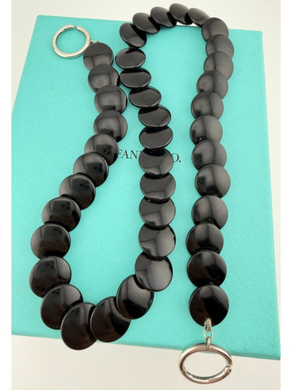 Tiffany & Co. Onyx Lentil Bead Necklace Sterling Silver 12mm 16.25in Vintage